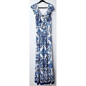 ALEXIA ADMOR White Blue Short Sleeve Ruffled Neck Women Maxi Sundress (XS)